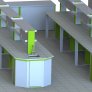 3D макет: стол лабораторный островной, стеллаж надстройка лабораторная,  мойка лабораторная торцевая, тумба лабораторная