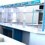 3д макет: стол лабораторный островной proflab СЛО 1500 с надстройкой, тумбы встраиваемые, мойка лабораторная, шкаф вытяжной лабораторный