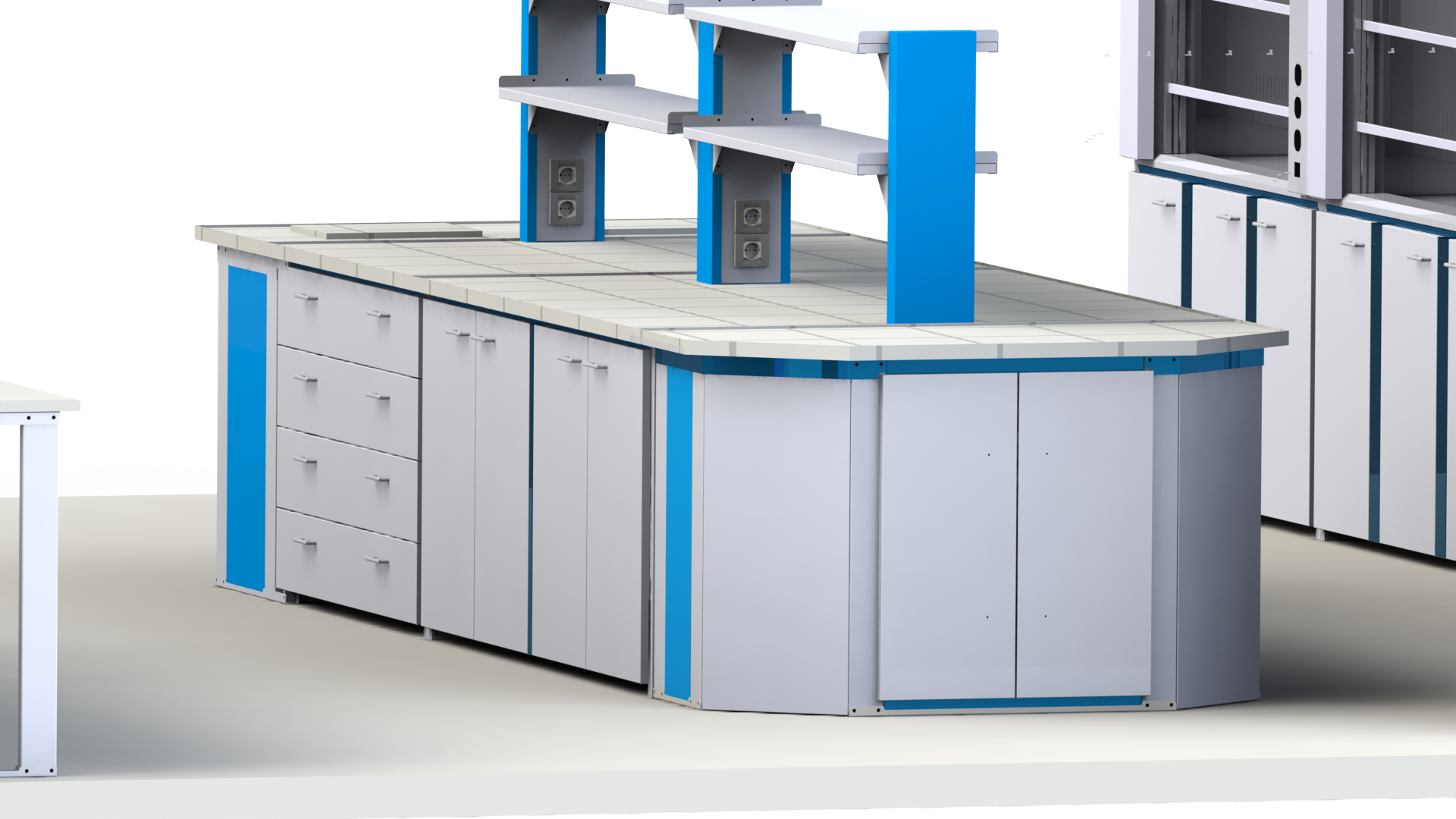 3D макет лабораторной мебели, столы лабораторные, тумбы лабораторные встраиваемые