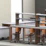 3D макет: шкаф вытяжной лабораторный демонстрационный, стол лабораторный островной, стеллаж надстройка лабораторная,  мойка лабораторная торцевая, тумба лабораторная
